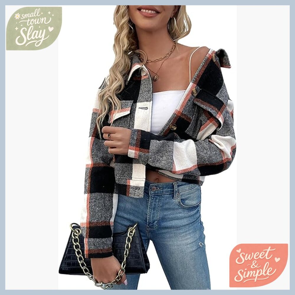 Flannel Cropped Plaid Shacket Jacket Button Down … - image 1